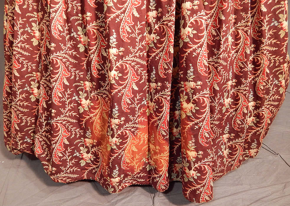 Victorian Civil War Era Chintz Calico Hoop Skirt Morning Wrapper Gown Dress
It is in fair as-is condition, missing the original buttons, a frayed hole on the shoulder, front belt, fraying and mended repairs on the front opening and some fade discoloration along the bottom skirt (see close-ups).