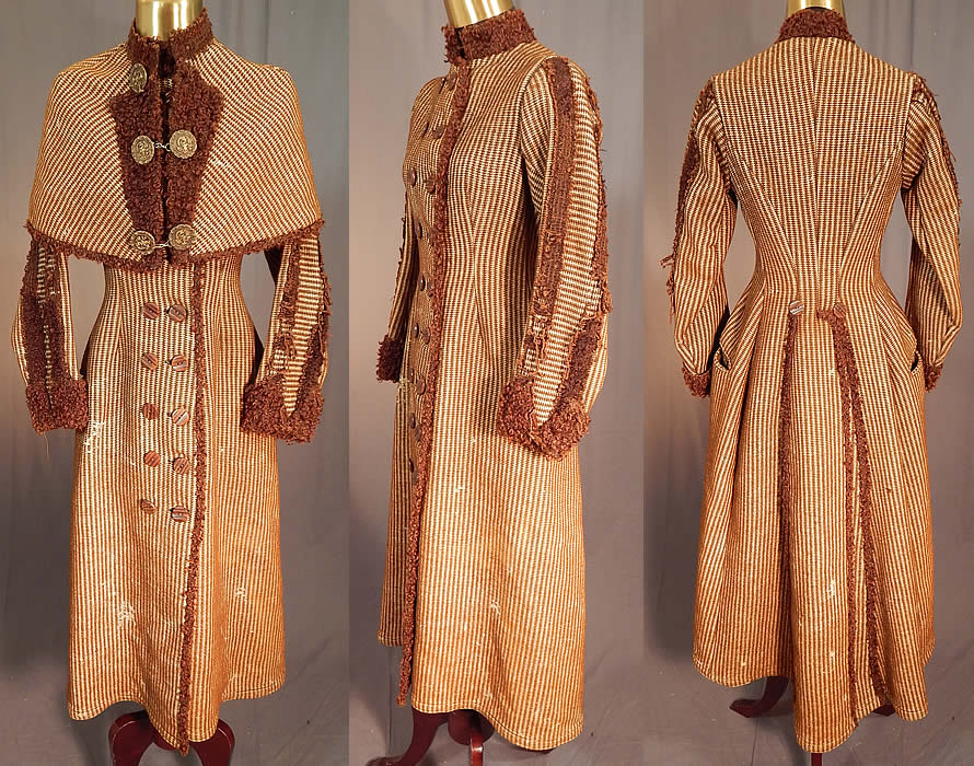 Victorian Brown Mohair Houndstooth Wool Winter Sport Ice Skating Coat & Cape
This amazing antique Victorian era brown mohair houndstooth wool winter sport ice skating coat and cape dates from the 1880s. It is made of a brown and cream color houndstooth check woven wool fabric, with a brown mohair and silk soutache braided border trim edging.
