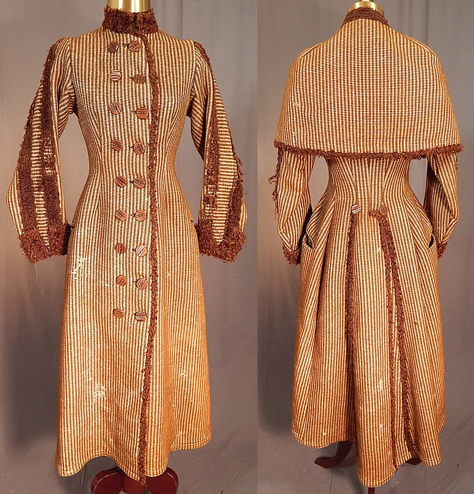 Victorian Brown Mohair Houndstooth Wool Winter Sport Ice Skating Coat & Cape
The coat measures 44 inches long, with a 30 inch bust, 24 inch waist, 40 inch hips, 20 inch long sleeves and is 12 inches across the back shoulder seam. 