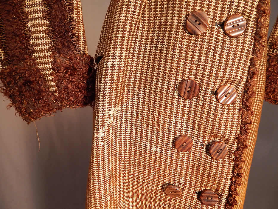 Victorian Brown Mohair Houndstooth Wool Winter Sport Ice Skating Coat & Cape
It is in fair as-is condition, missing a buckle button off the cape, with some frayed wear and missing trim and worn areas on the houndstooth wool nap fabric (see close-ups). 