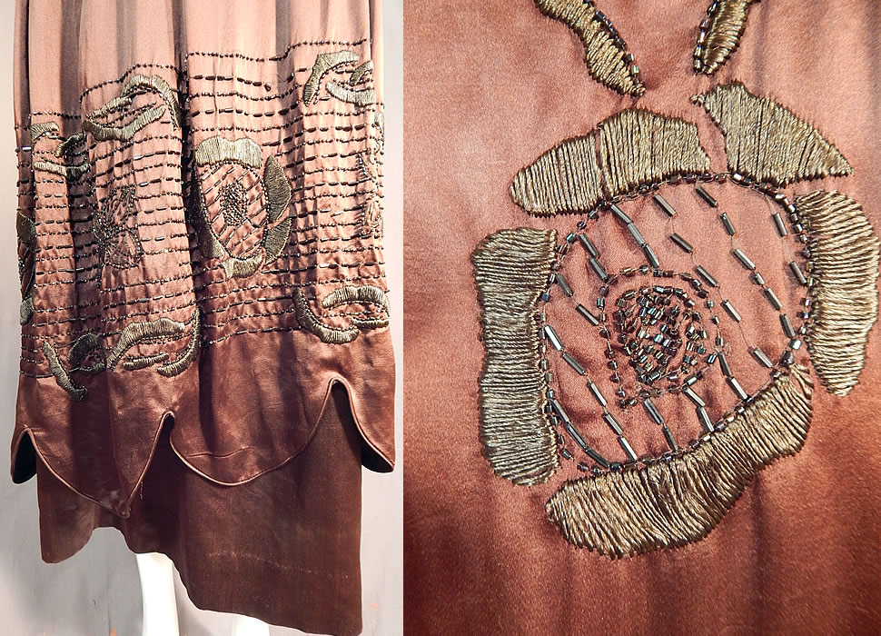 Vintage Art Deco Brown Silk Embroidered Bronze Beaded Flapper Dress Evening Gown
This fabulous flapper dress evening gown has a loose fitting drop waist style, with a layered overblouse top, long under sleeves attached to an inside camisole lining, a layered over skirt with scalloped bottom, an asymmetrical wrap with back drape panel skirt, snaps along the shoulders, waist, front side and is lined on the top only with a white silk camisole hook front closures.