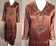 Vintage Art Deco Brown Silk Embroidered Bronze Beaded Flapper Dress Evening Gown

