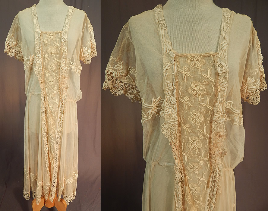 Vintage Cream Tulle Net French Knot Embroidered Floral Lace Drop Waist Dress
This vintage cream tulle net French knot embroidered floral lace drop waist dress dates from 1920. 