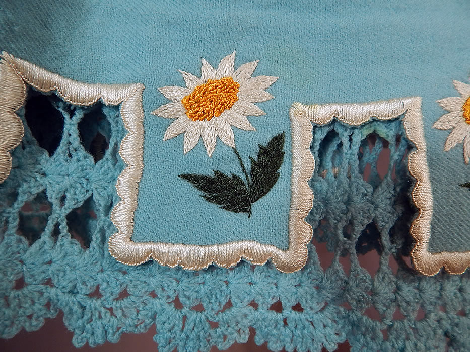 Victorian Robin Egg Blue Wool Embroidered Daisies Crochet Trim Petticoat Skirt
The skirt measures 28 inches long, with a 24 inch waist. The owners name "J.W. Wills" is hand written in ink inside the waistband. It is in excellent condition. 