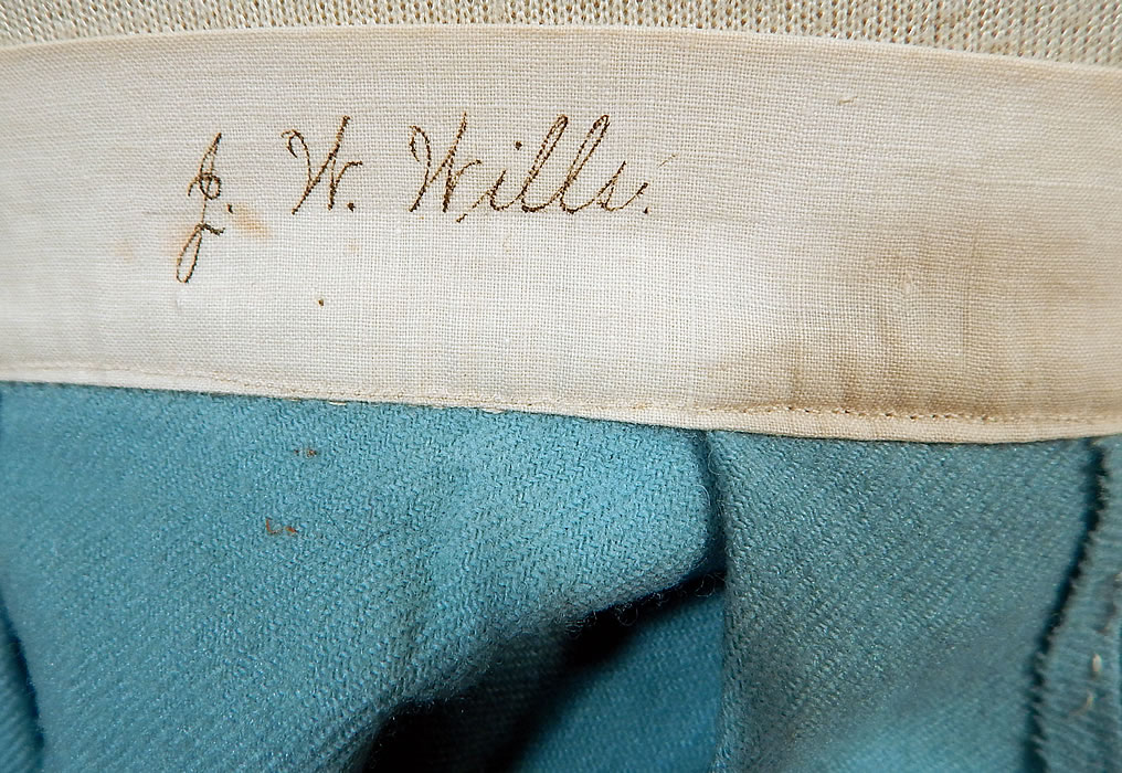 Victorian Robin Egg Blue Wool Embroidered Daisies Crochet Trim Petticoat Skirt
The skirt measures 28 inches long, with a 24 inch waist. The owners name "J.W. Wills" is hand written in ink inside the waistband. It is in excellent condition. This is truly a wonderful and unique piece of antique Victoriana wearable art! 