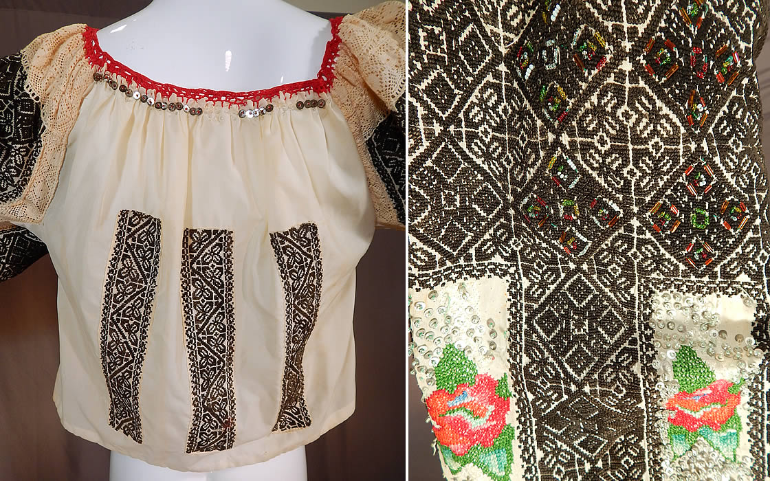 Vintage Romanian Hand Embroidery Black & White Lace Beaded Boho Peasant Blouse
There are colorful cross stitch embroidered red and green flowers, bead work accents, silver sequins and cream crochet lace trim. 