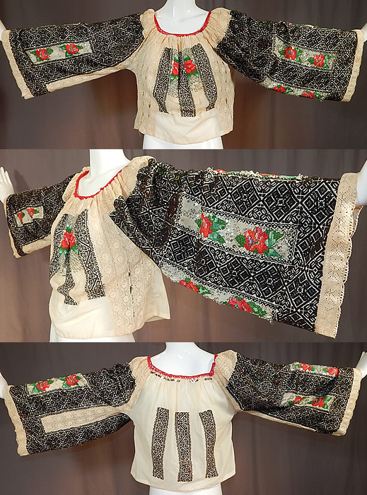 Vintage Romanian Hand Embroidery Black & White Lace Beaded Vintage Romanian Hand Embroidery Black & White Lace Beaded