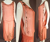Vintage Art Deco Pink Silk Chiffon Gold Lam&eacute; Rosette Beaded Drop Waist Flapper Dress
