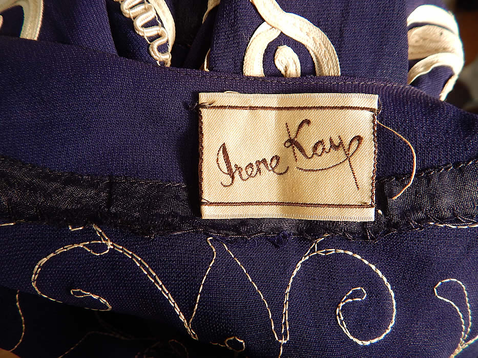 Vintage Irene Kay Navy Blue Silk Crepe Cream Soutache Shrug Bolero Jacket
The jacket measures 14 inches long, with a 36 inch bust. It is in excellent condition. This is truly a wonderful piece of wearable art!