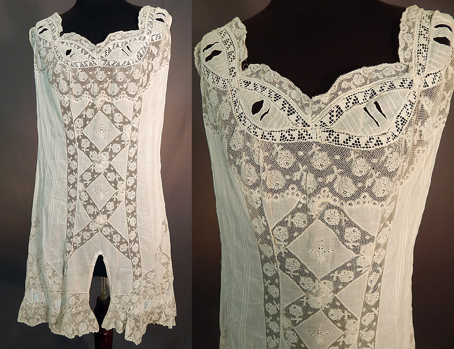 Edwardian White Cotton Batiste Lace Lingerie Chemise Camiknicker Teddy
This vintage Edwardian era white cotton batiste lace lingerie chemise camiknicker teddy dates from 1910. It is made of a sheer white cotton batiste fabric with pintuck pleating, eyelet embroidery work center front medallions, white Valenciennes, filet lace trim inserts and edging.
