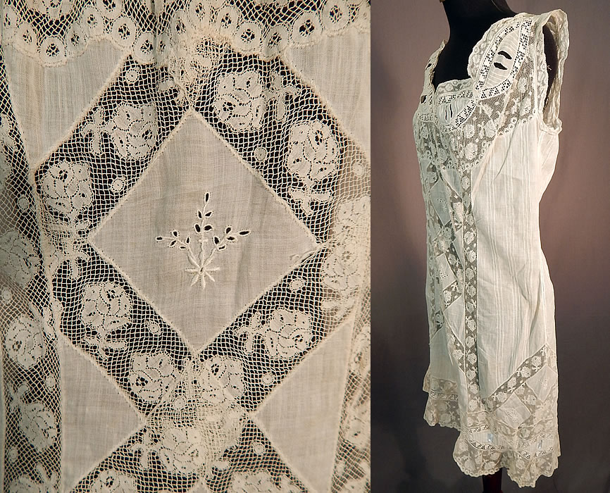 Edwardian White Cotton Batiste Lace Lingerie Chemise Camiknicker Teddy
This lovely lingerie one piece camiknicker teddy chemise is loose fitting, has an open split crotch bottom, short pant legs with blue ribbon woven through the cuffs, missing the ribbon around the neckline, sleeveless, button back closures and is sheer, unlined.