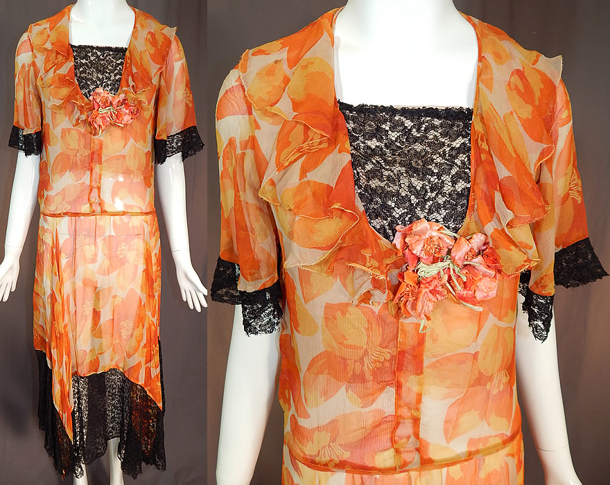 Vintage Floral Orange Blossom Print Silk Chiffon Black Lace Handkerchief Skirt Dress
his vintage floral orange blossom print silk chiffon black lace handkerchief skirt dress dates from the 1930s. 
