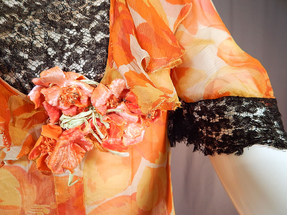 Vintage Floral Orange Blossom Print Silk Chiffon Black Lace Handkerchief Skirt Dress
It is made of a bright orange and off white floral orange blossom flower print sheer silk chiffon fabric, with black lace trim edging the sleeve cuffs, skirt hemline and front yoke top. 