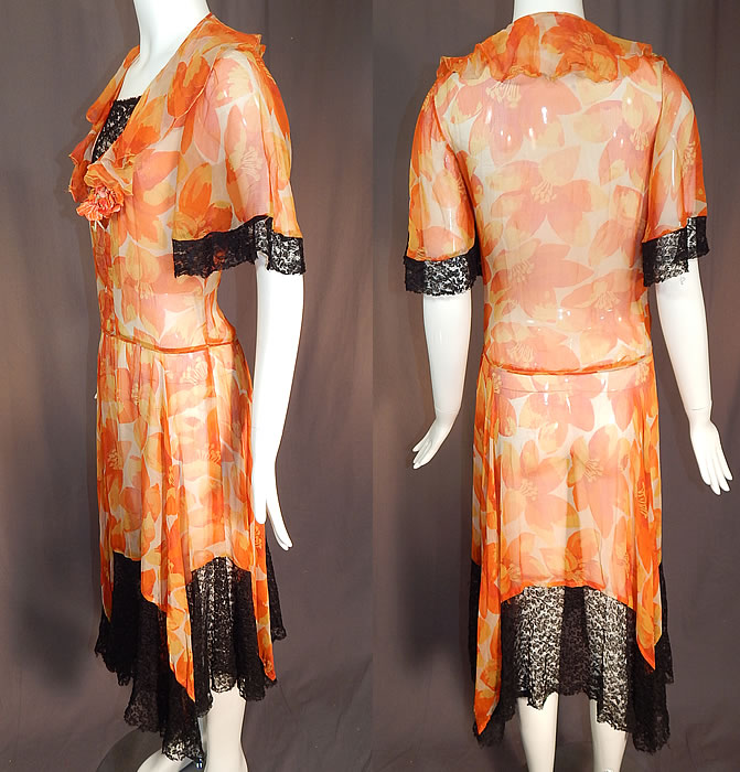 Vintage Floral Orange Blossom Print Silk Chiffon Black Lace Handkerchief Skirt Dress
There is a orange velvet flower bouquet trim on the front neckline. 