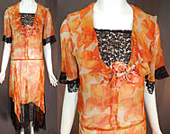 Vintage Floral Orange Blossom Print Silk Chiffon Black Lace Handkerchief Skirt Dress
