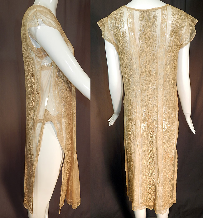Vintage Embroidered Ecru Net Lace Tabard High Slit Chemise Shift Dress
The dress measures 43 inches long, with a 36 inch bust, 36 inch waist and 36 inch hips. It is in good condition, has not been cleaned, with only slight faint underarm discoloration. This is truly an exquisite piece of wearable lace art!