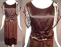 Vintage Brown Silk Lace Handkerchief Skirt Rosette Ribbon Trim Flapper Dress
