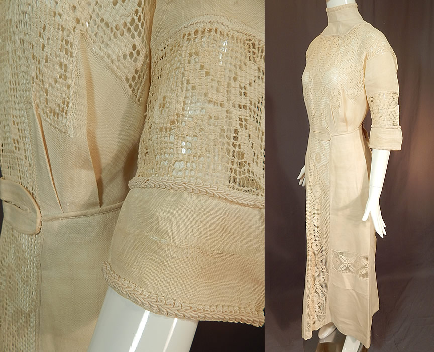 Edwardian Cream Color Linen Filet Lace Tea Gown Dress
The dress measures 56 inches long, with a 36 inch bust and 26 inch waist. It is in good as-is condition, has not been cleaned with small faint stains on the front skirt, slight underarm discoloration, a few mended repairs and small frayed split on the sleeve cuffs (see close-up). This is truly a wonderful piece of wearable art!