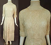 Edwardian Cream Color Linen Filet Lace Tea Gown Dress
