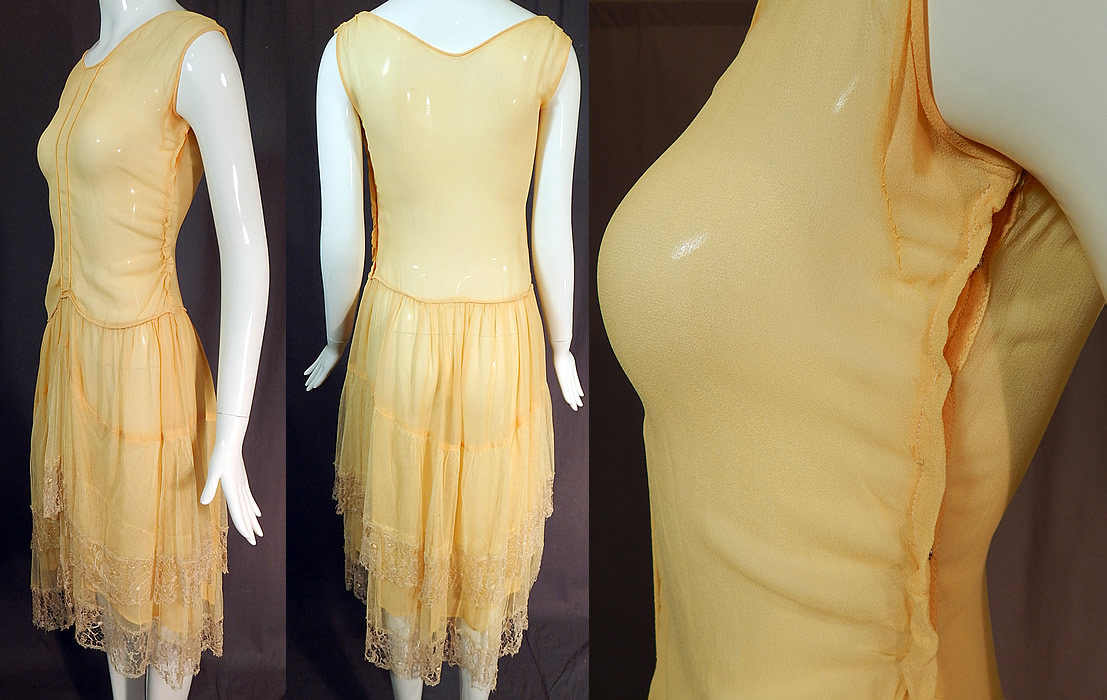 Vintage Art Deco Yellow Silk Cobweb Lace Handkerchief Skirt Flapper Dress
The dress measures 42 inches long, with a 34 inch bust and 30 inch waist. It is in good as-is condition, with only a small mended repair under the arm and the arm holes are small (see close-up). This is truly a wonderful piece of wearable Art Deco textile art! 