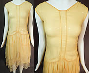 Vintage Art Deco Yellow Silk Cobweb Lace Handkerchief Skirt Flapper Dress
