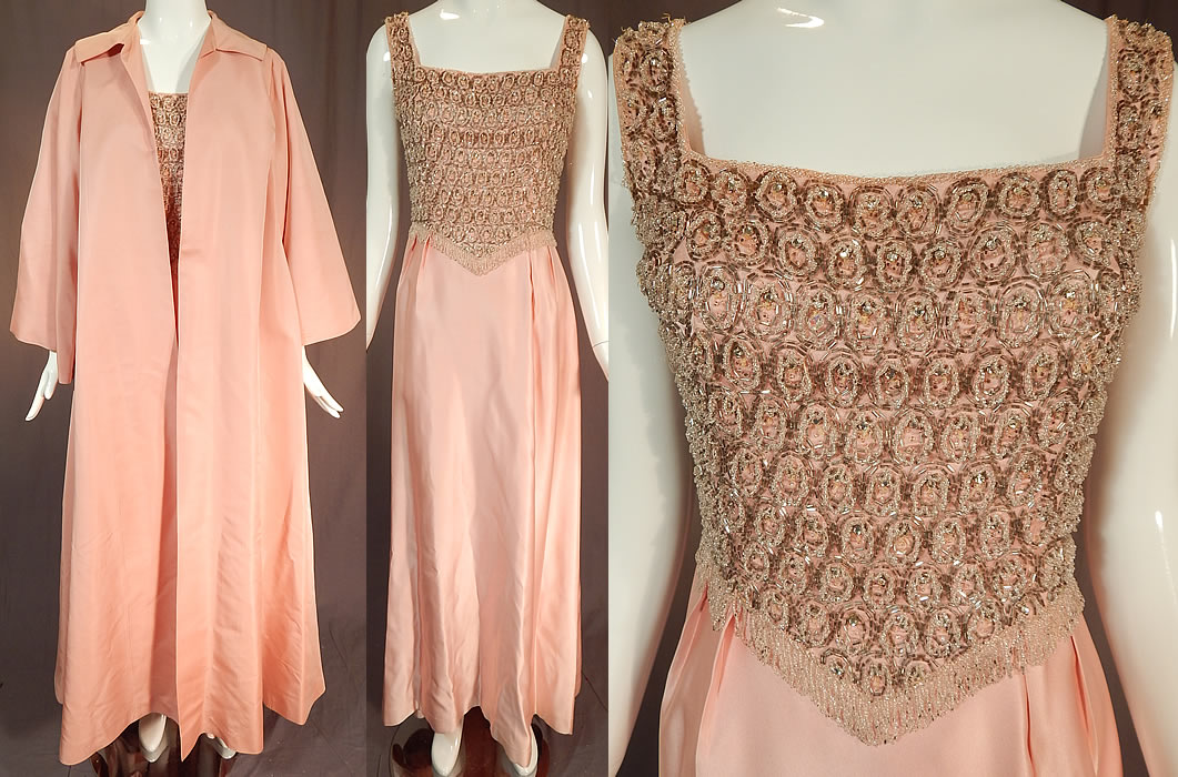 Vintage Victoria Royal Hong Kong Pink Silk Crystal Beaded Evening Gown & Coat
This vintage Victoria Royal Hong Kong pink silk crystal beaded evening gown and coat dates from the 1960s. It is made of a pale pink pastel color silk satin and taffeta fabrics with silver and crystal beading on the top done in circular designs with rhinestone centers and a fringe trim bottom. 
