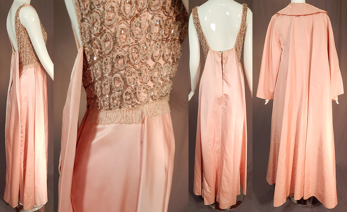 Vintage Victoria Royal Hong Kong Pink Silk Crystal Beaded Evening Gown & Coat
Included is a matching pink silk taffeta long floor length full coat, with wide flared bell shape sleeves, a fold over collar, open front with no closure and is fully lined. The coat measures 56 inches long, with a 40 inch bust. This custom made evening ensemble is from the estate of Karen Wessler who performed on the Tennessee Ernie Ford Show as one of "The Top Twenty", Ernie's back-up group. It is in good condition, with some small faint stains on the coat sleeves and a few loose missing beads on the dress top. This is truly an exceptional piece of custom made wearable art! 