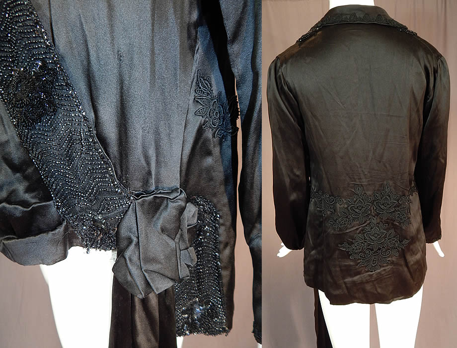 Vintage Art Deco Black Silk Sequin Beaded Flapper Blouse Dress Shirt
This fabulous flapper blouse dress shirt evening top has a loose fitting drop waist style, with a fold over wrap front neckline, a long side sash tie with rosette trim, long full sleeves with fitted cuffs, snap closures along the front side opening and is unlined.