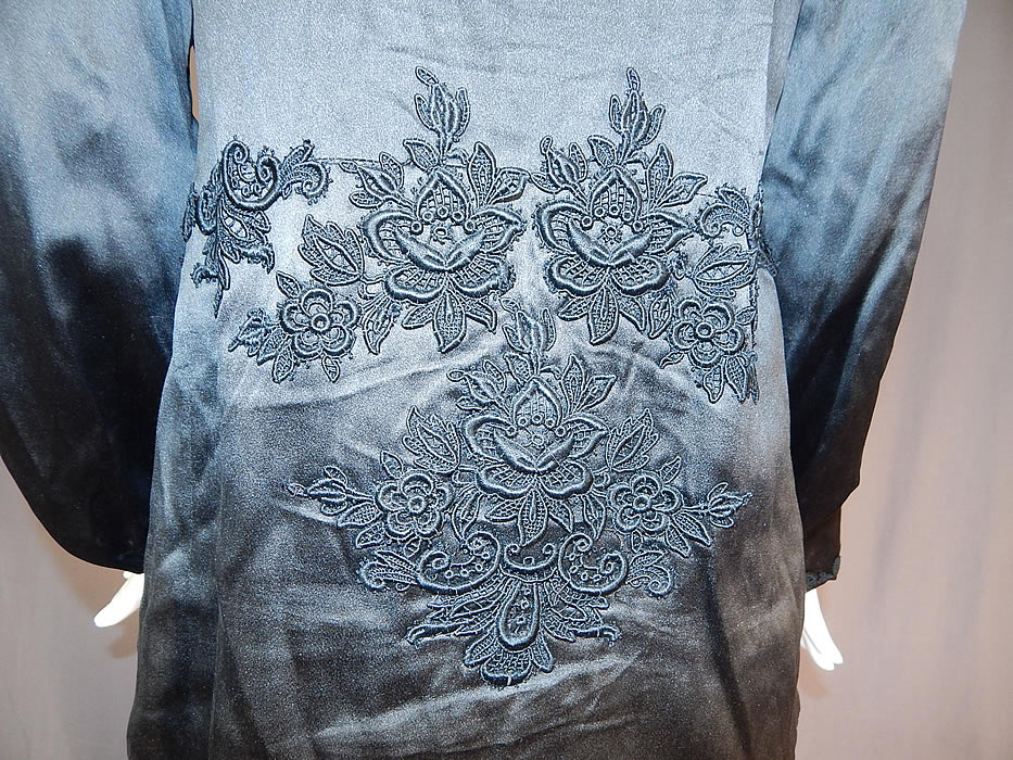 Vintage Art Deco Black Silk Sequin Beaded Flapper Blouse Dress Shirt
The top measures 21 inches long, with a 38 inch bust, 40 inch waist, 21 inch long sleeves and a 29 inch long side sash. It is in good condition, with only a few loose missing beads and some small faint fade stain discoloration in areas. Great for design! This is truly a wonderful piece of Art Deco wearable beaded textile art!