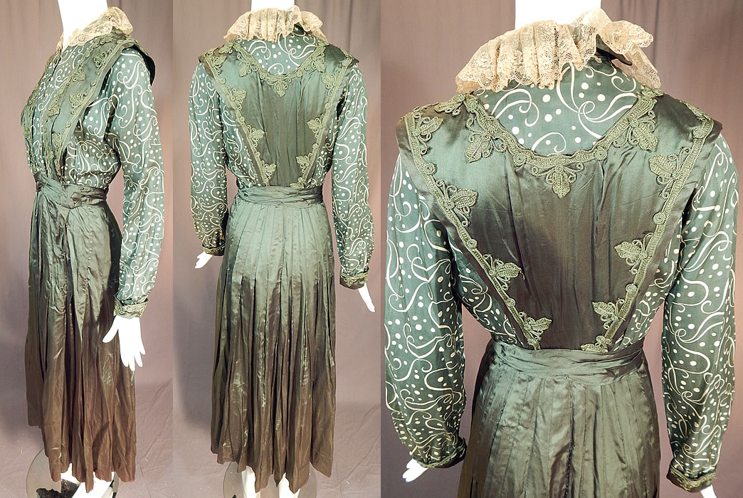 Edwardian Titanic Olive Green Silk Polka Dot Print Soutache Trim Pinafore Dress
The dress measures 53 inches long, with a 36 inch bust and 26 inch waist. It is in fair as-is condition needing restoration, redesign and would be great for design, pattern or display. The solid green silk fabric is weak, frayed and shattering in areas, with some discoloration. The print silk fabric is in better condition with no splits and would be great for parts and pieces. The lace collar trim has some stains and splits. This is truly a wonderful piece of Titanic era fashion!