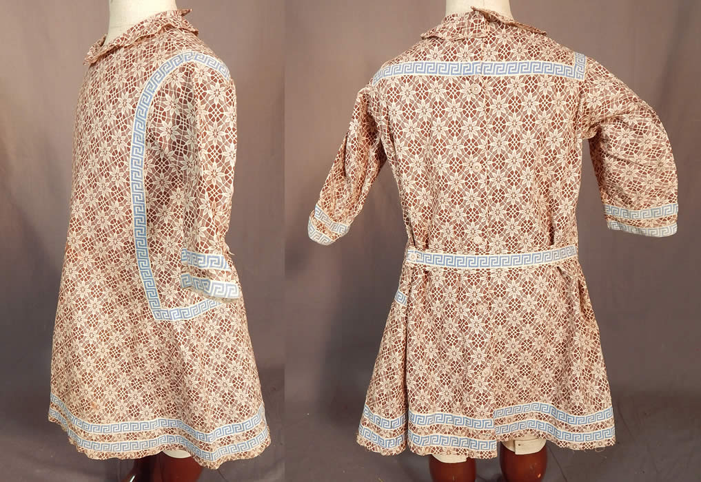 Victorian Childs Cotton Calico Brown Lace Pattern Print Greek Key Trim Dress
The dress measures 21 inches long, with a 24 inch chest, 24 inch waist, 10 inch neck and 9 inch arm hole openings. It is in good condition, has not been cleaned, with a few faint small rust stains on the front. This is truly a rare and wonderful piece of children's wearable Victoriana textile art!
