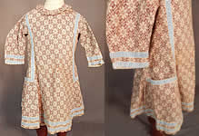 Victorian Childs Cotton Calico Brown Lace Pattern Print Greek Key Trim Dress
