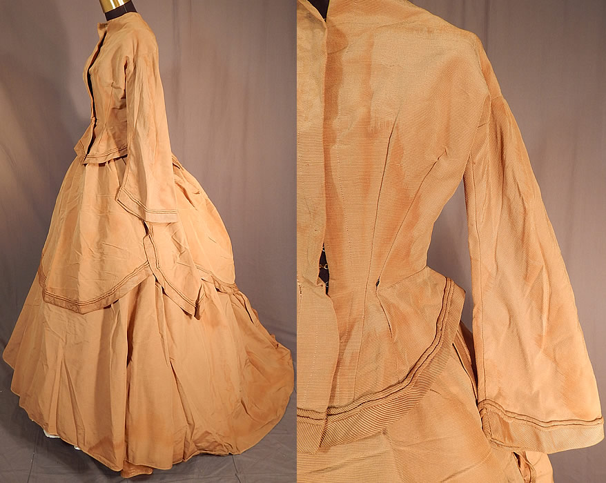 Victorian Khaki Brown Silk Wool Grosgrain Bustle Gown Hoop Skirt Dress
The bodice measures 21 inches long, with a 32 inch bust, 22 inch waist and 18 inch long sleeves. 