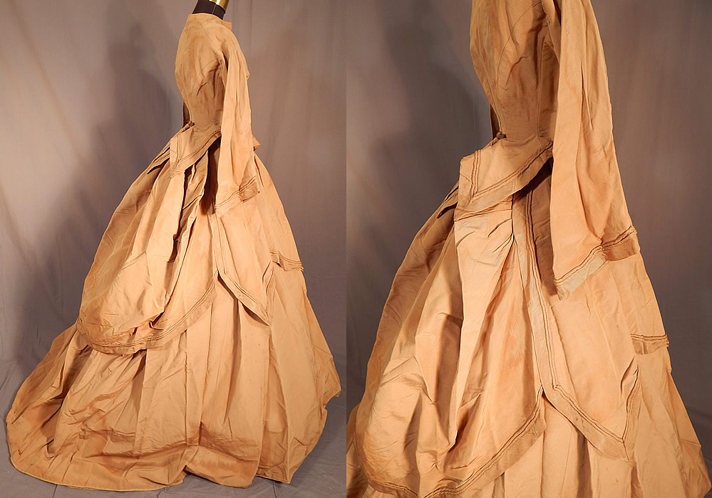 Victorian Khaki Brown Silk Wool Grosgrain Bustle Gown Hoop Skirt Dress
There is a long floor length full hoop skirt (hoop not included underneath), with back train, side slit pockets, front hook closures and is fully lined.