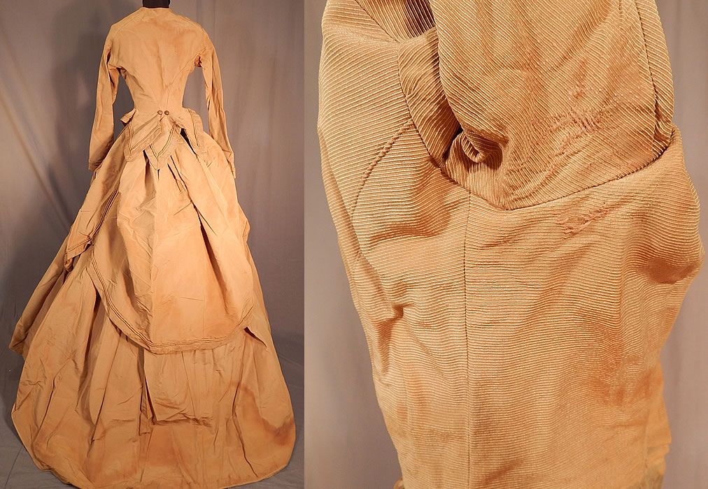 Victorian Khaki Brown Silk Wool Grosgrain Bustle Gown Hoop Skirt Dress
The skirt measures 44 inches long in the front, 54 inches long in the back, with a 22 inch waist. There is a matching fabric shorter layered overskirt with bustle back pouf drape and hook closure on back. 