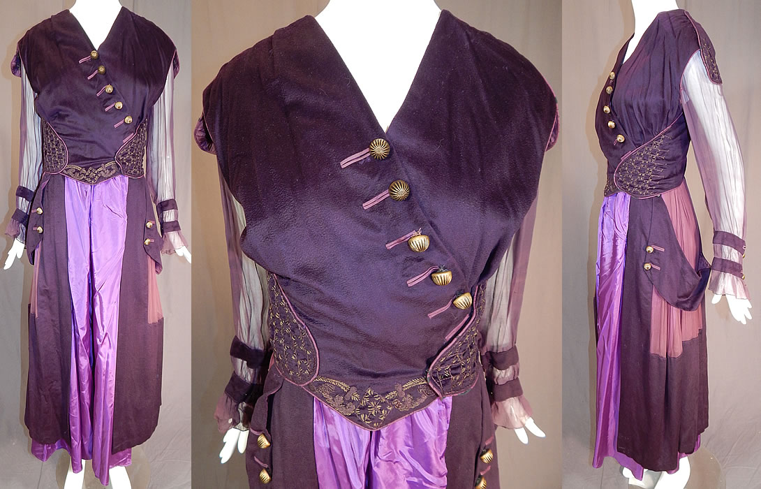 Edwardian Titanic Era Plum Purple Gold Embroidered Evening Gown Dress
This antique Edwardian Titanic era plum purple gold embroidered evening gown dress dates from 1912. It is made of a plum purple color velveteen fabric and sheer silk chiffon fabric, with gold metallic thread, purple silk embroidery work trim on the top and decorative gold button trim accents.