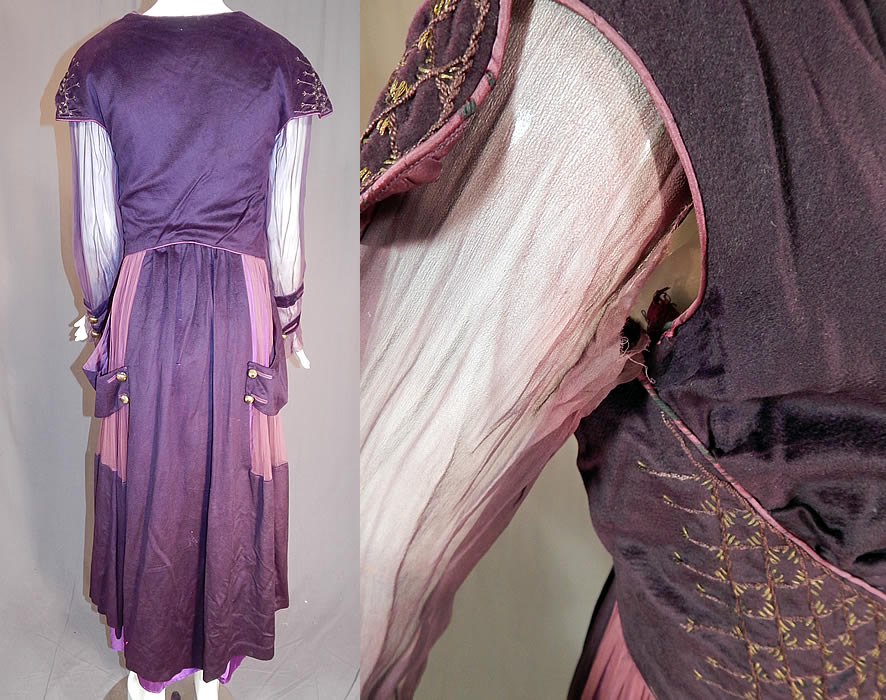 Edwardian Titanic Era Plum Purple Gold Embroidered Evening Gown Dress
The dress measures 51 inches long, with a 36 inch bust, 26 inch waist and 25 inch sleeves. It is in good as-is condition needing only some minor restoration, with discoloration staining on the inside lining, a few small holes on the sleeves and frayed underarms (see close-up). This is truly a wonderful piece of antique Titanic era wearable art, great for design or display!