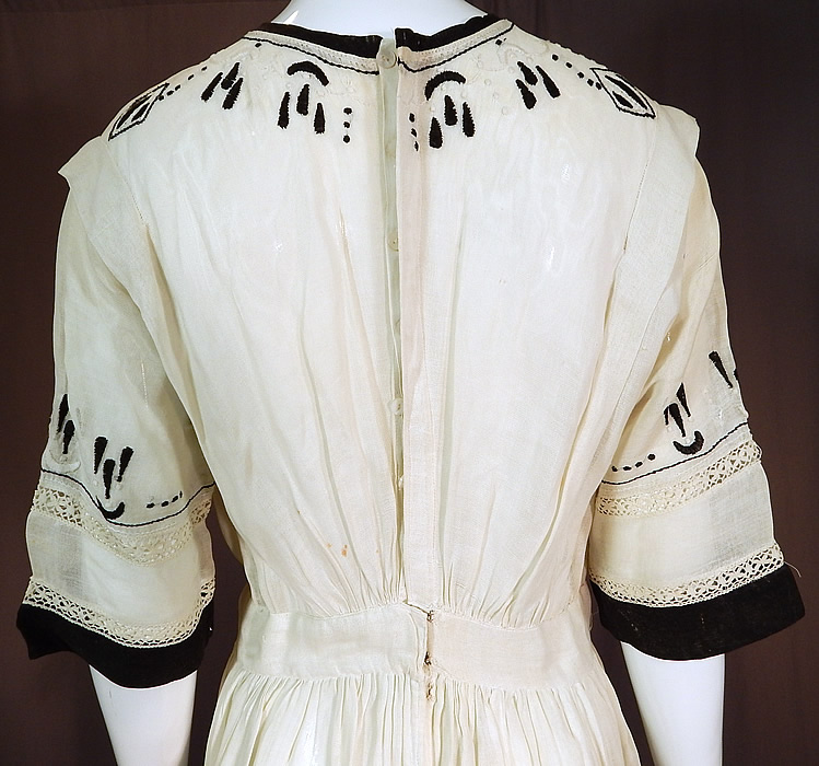 Edwardian Black White Muslin Cotton Arts & Crafts Embroidered Lace Dress
The dress measures 58 inches long, with a 40 inch bust and 28 inch waist. It is in good as-is condition, but has not been cleaned, with some small stains on the top, faint underarm stains and a few small frayed pulls on the skirt (see close-up). This is truly a wonderful piece of Arts & Crafts Movement textile wearable art!