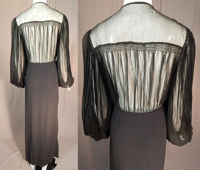 Vintage Black Silk Crepe Sheer Pleated Balloon Sleeve Cocktail Dress Evening Gown
The dress measures 60 inches long, with a 40 inch bust, 26 inch waist, 40 inch hips and 28 inch long sleeves. 