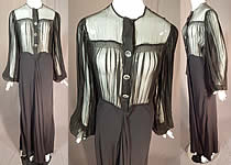 Vintage Black Silk Crepe Sheer Pleated Balloon Sleeve Cocktail Dress Evening Gown
