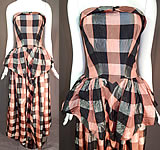 Vintage Pink & Black Plaid Check Taffeta Strapless Peplum Maxi Dress Evening Gown