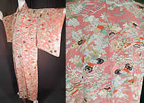 Vintage Japanese Geisha Pink Silk Screen Floral Water Waves Kimono

