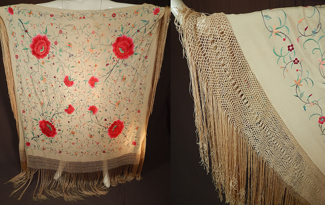 Antique Cream Silk Pastel Embroidered Pink Floral Roses Canton Piano Shawl
This antique cream silk pastel embroidered pink floral roses Canton piano shawl dates from the 1920s.