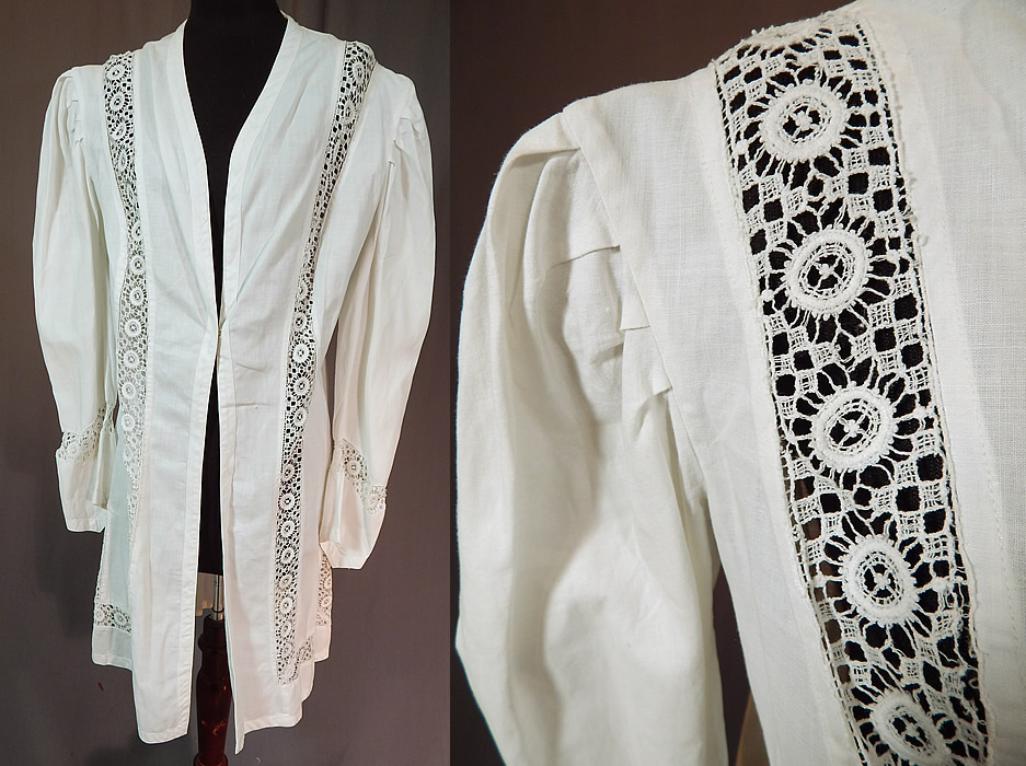 Edwardian Womens White Linen Lace Trim Walking Suit Jacket Coat
This vintage Edwardian era womens white linen lace trim walking suit jacket coat dates from 1910. It is made of a white fine linen fabric, with white lace trim inserts.