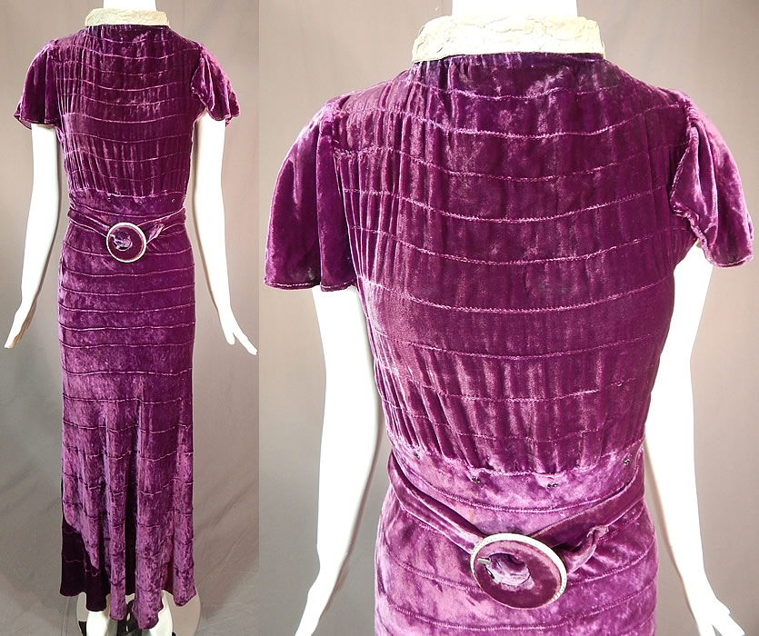 Vintage Art Deco Purple Pintuck Pleated Velvet Belted Evening Gown Dress
This vintage Art Deco purple pintuck pleated velvet belted evening gown dress dates from the 1930s.