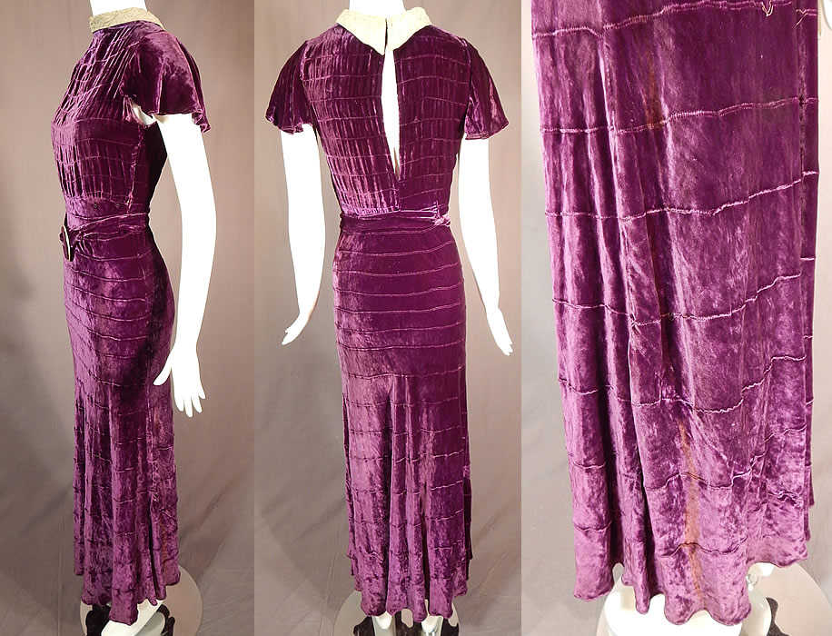 Vintage Art Deco Purple Pintuck Pleated Velvet Belted Evening Gown Dress
The dress measures 58 inches long, with a 34 inch bust, 26 inch waist and 40 inch hips. 