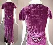 Vintage Art Deco Purple Pintuck Pleated Velvet Belted Evening Gown Dress
