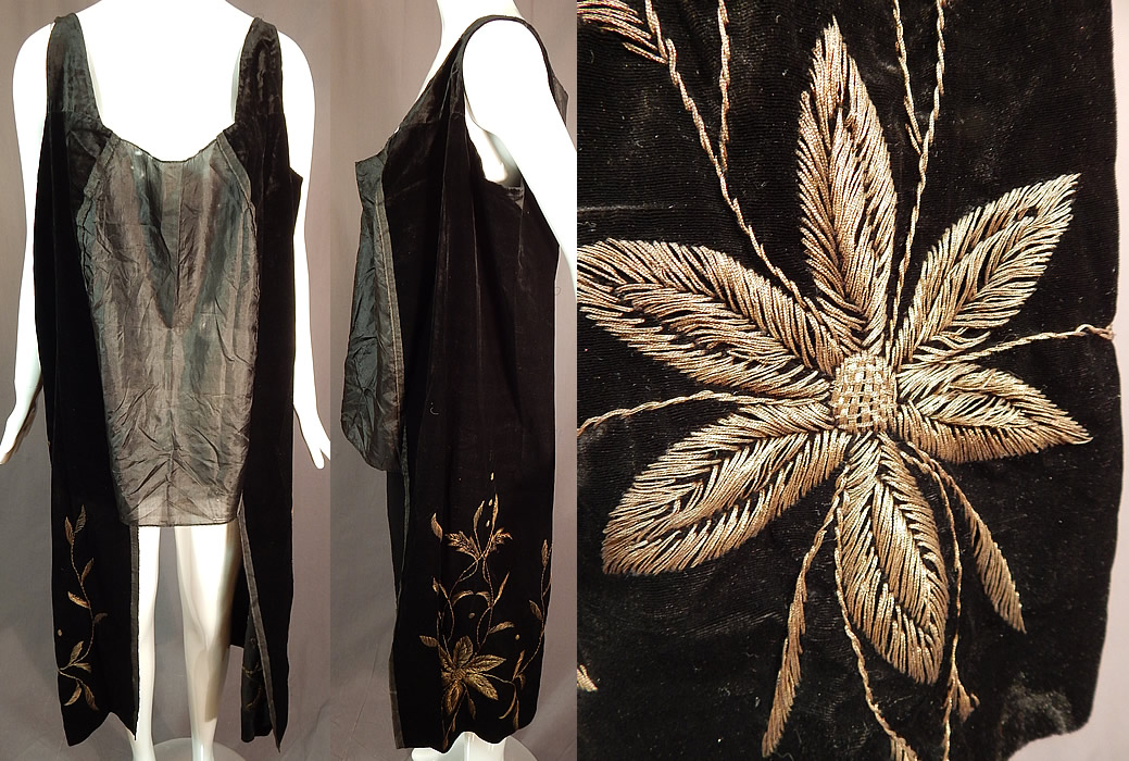 Vintage Black Velvet Gold Metallic Stumpwork Embroidery Flapper Tunic Dress
This vintage Art Deco black velvet gold metallic stumpwork embroidery flapper tunic dress dates from the 1920s. It is made of a black silk velvet fabric with gold metallic lam&eacute; thread embroidered in a raised stumpwork floral leaf pattern design on the side skirt bottom panels. This fabulous flapper dress has a loose fitting sleeveless shift tunic style, with long velvet side panels, a shorter sheer silk front and back top and is unlined. 