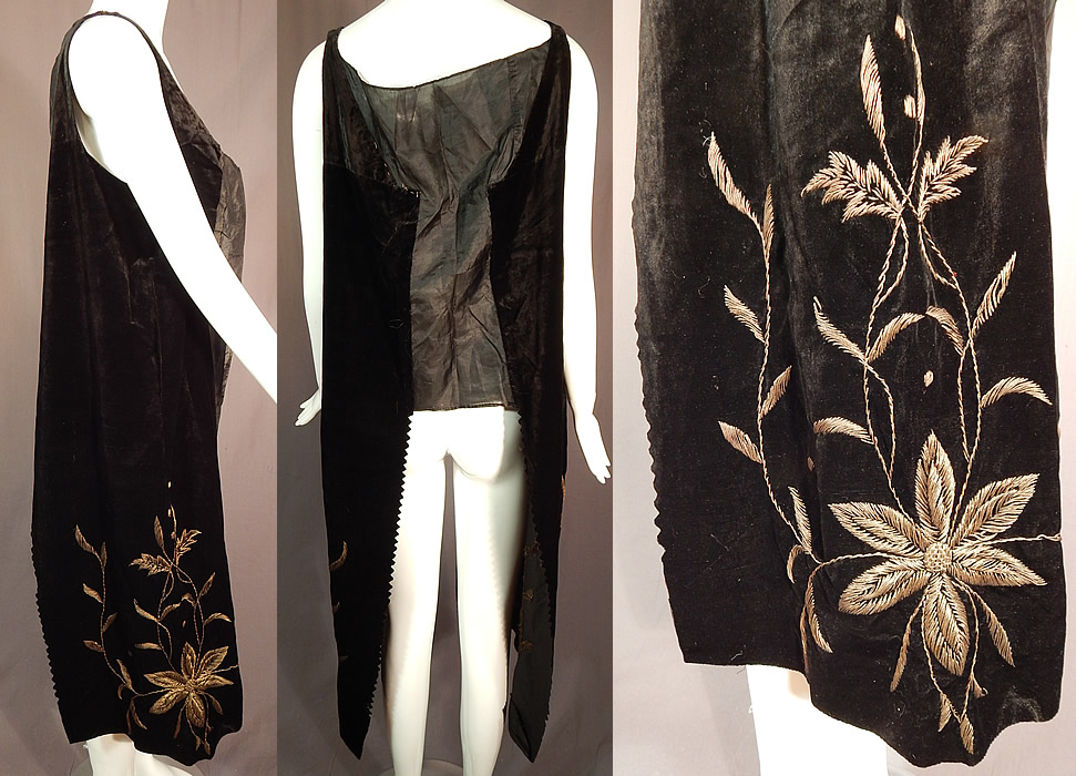 Vintage Black Velvet Gold Metallic Stumpwork Embroidery Flapper Tunic Dress
The dress measures 46 inches long on the side panels, with a 44 inch bust, 50 inch waist and 50 inch hips. It is in good as-is condition, needing some restoration as it appears to have been taken apart to be altered and perhaps made larger leaving the center front and back panels unfinished. Great for design! This is truly a wonderful piece of wearable art! 