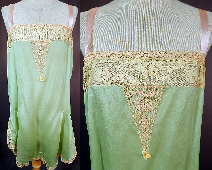 Vintage Mint Green Silk Rosette Lace Lingerie Chemise Camiknicker Teddy
This vintage mint green silk rosette lace lingerie chemise camiknicker teddy dates from the 1920s. It is made of a pastel mint green color silk fabric, with an off white cream color lace trim, appliqu&eacute; and tiny yellow silk rosette flower trim. 